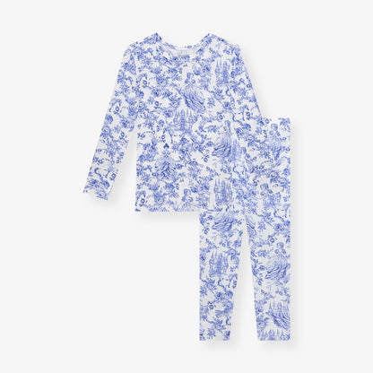 front image of blue floral pajama set on a white background