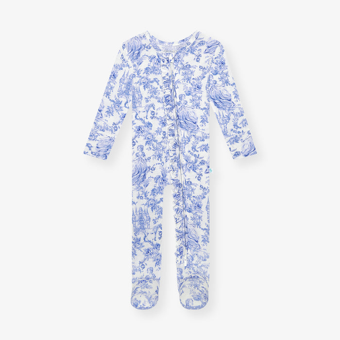 A blue and white floral patterned ruffled zippered footie one-piece for infants.