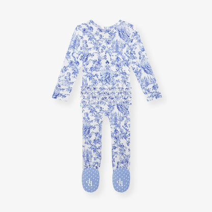 A blue and white floral patterned ruffled zippered footie one-piece for infants.