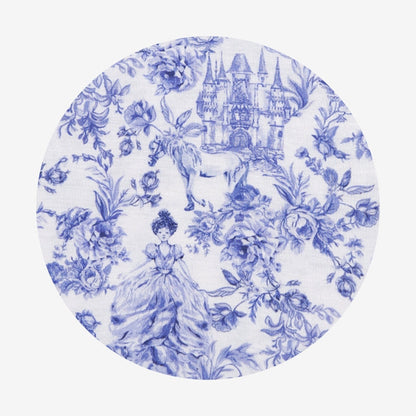 A blue and white floral pattern for babies, with a castle-like structure and a fairy-tale princess motif.