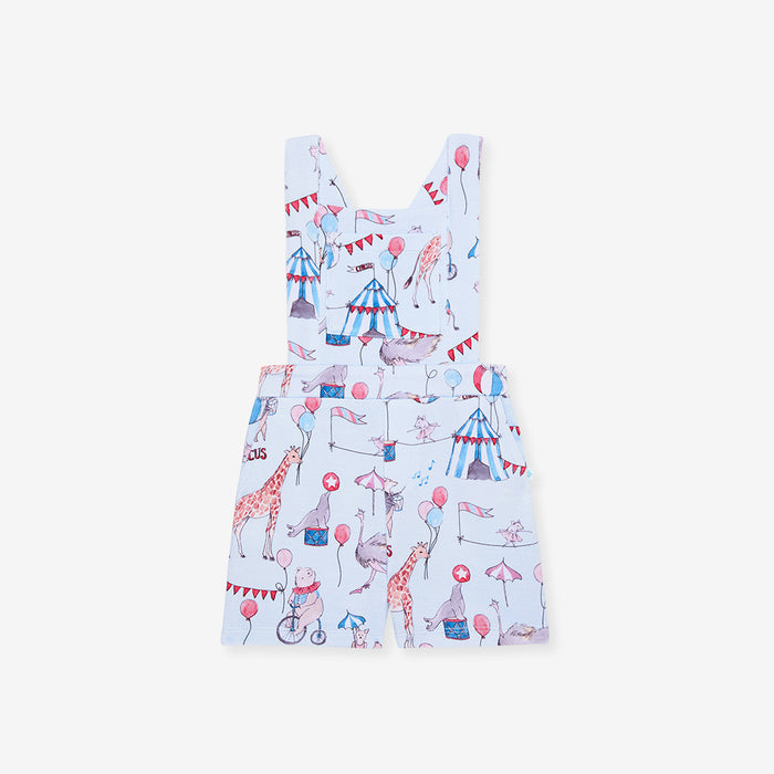 front image of children's french terry overall with circus print.