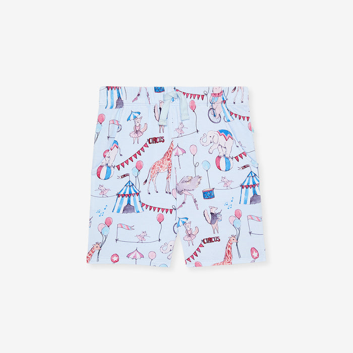 Children's short with circus-themed print on a white background