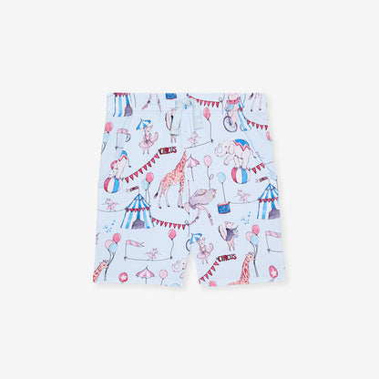Children's short with circus-themed print on a white background