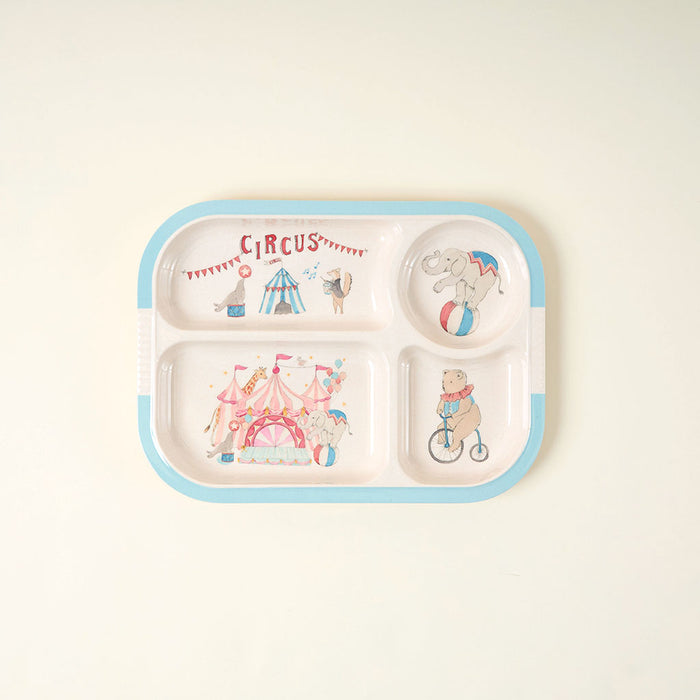 Children's divided plate with circus-themed illustrations on a white background