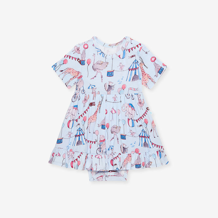 light blue short sleeved bodysuit dress with circus print.