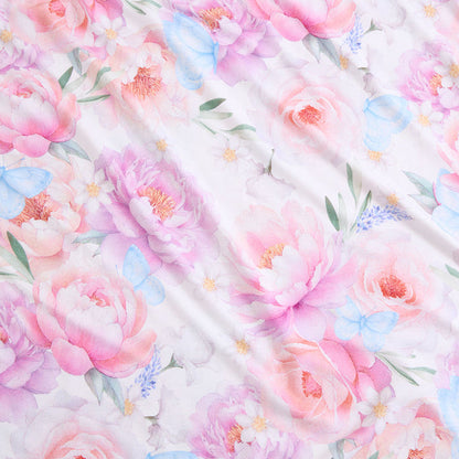 Pastel floral pattern with pink, blue, and purple flowers on a white background