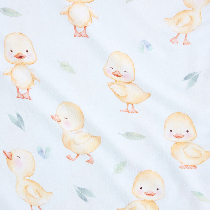 closeup of print with baby chicks and leaves on a light blue background