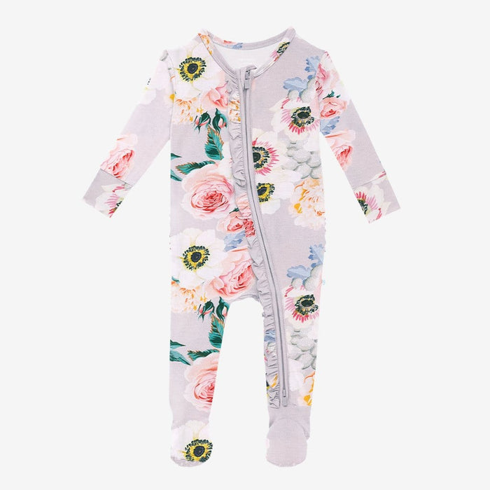 French Gray Floral Footie Ruffled Zippered One Piece