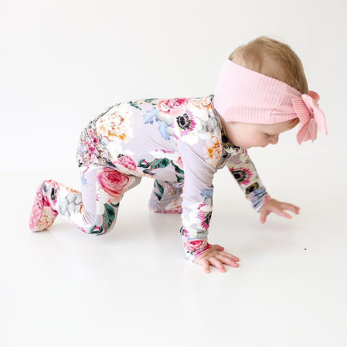 French Gray Floral Footie Ruffled Zippered One Piece