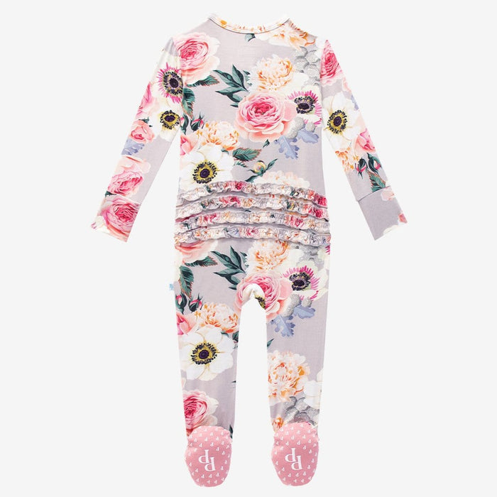 French Gray Floral Footie Ruffled Zippered One Piece