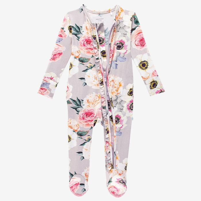 French Gray Floral Footie Ruffled Zippered One Piece