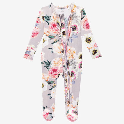 French Gray Floral Footie Ruffled Zippered One Piece