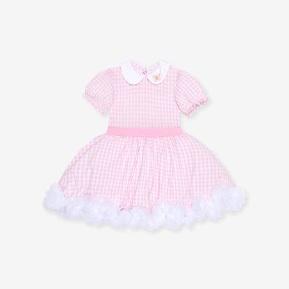 Pink checkered dress with white collar on a light beige background, front image