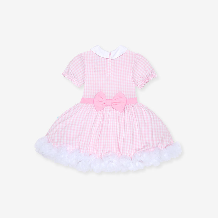 Pink checkered dress with a bow on a white background, back image