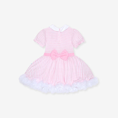 Pink checkered dress with a bow on a white background, back image