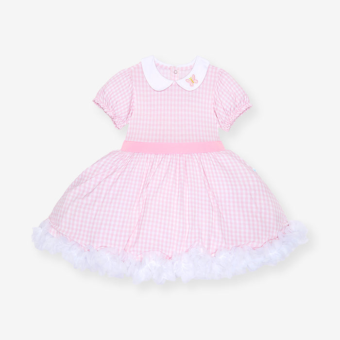 Bamboo viscose dress in pink gingham print flat lay, front view