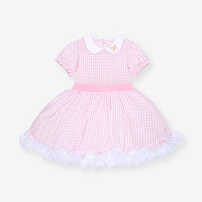 Bamboo viscose dress in pink gingham print flat lay, front view