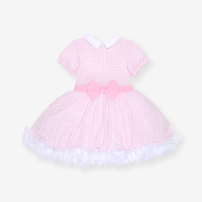Bamboo viscose dress in pink gingham print flat lay, back view