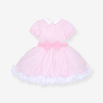 Bamboo viscose dress in pink gingham print flat lay, back view