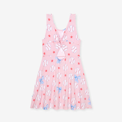 Pink dress with baseball pattern on a white background