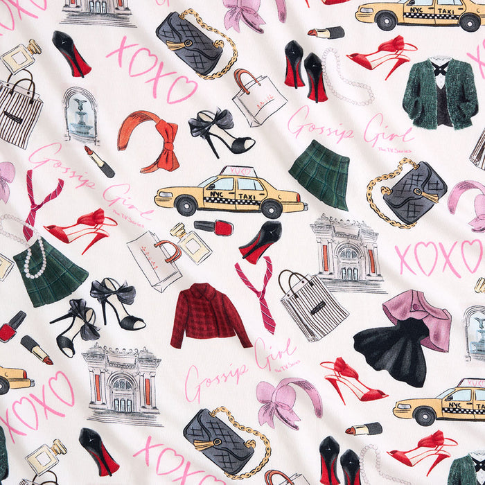 Pattern of fashion items including shoes, handbags, and clothing on a white background with 'XOXO' text.