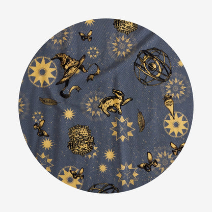 Circular design with Harry Potter-themed elements on a blue background
