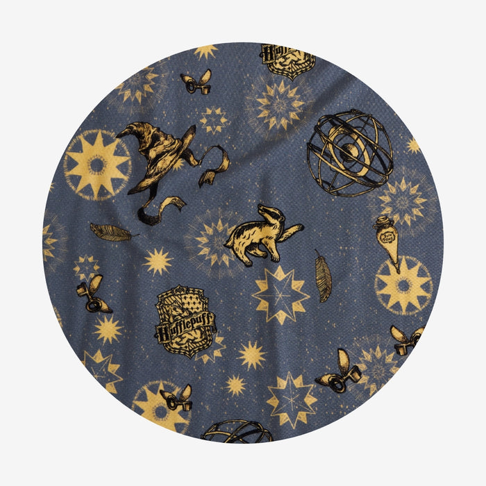 Circular design with Harry Potter-themed elements on a blue background
