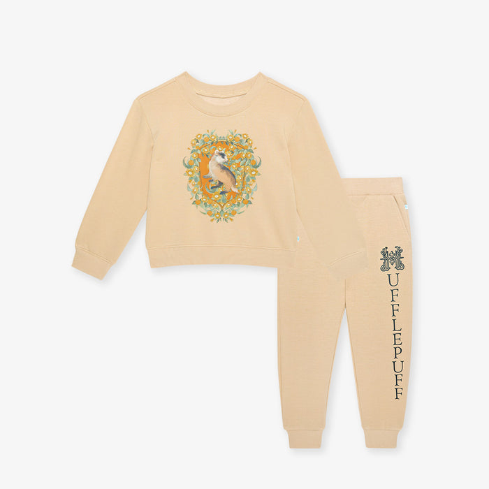Tan Harry Potter Hufflepuff printed sweatshirt and jogger set.