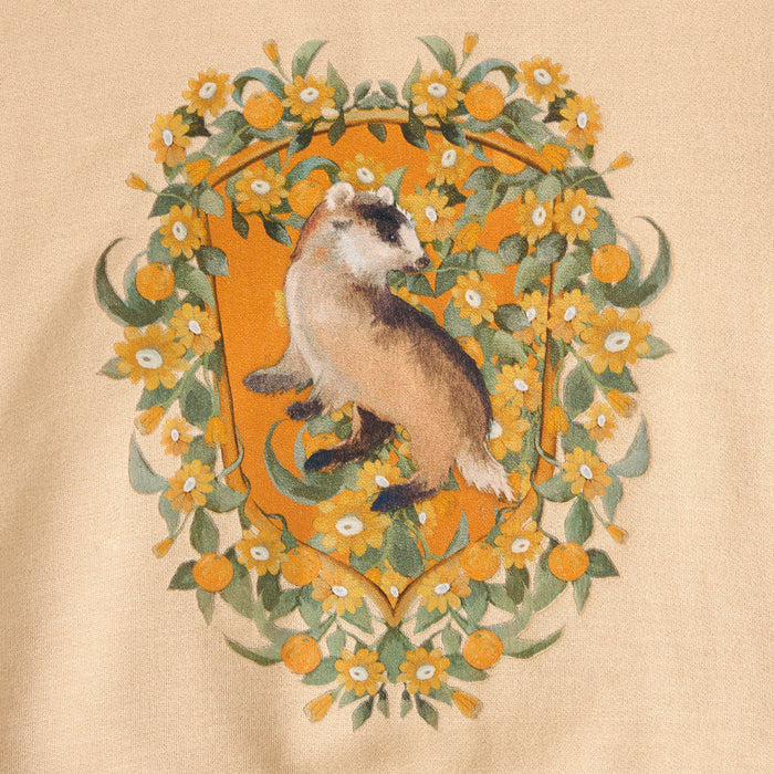 Close up of Tan Harry Potter Hufflepuff logo print