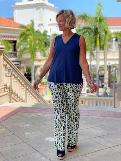 GREEN AND NAVY PALM PALAZZO PANT