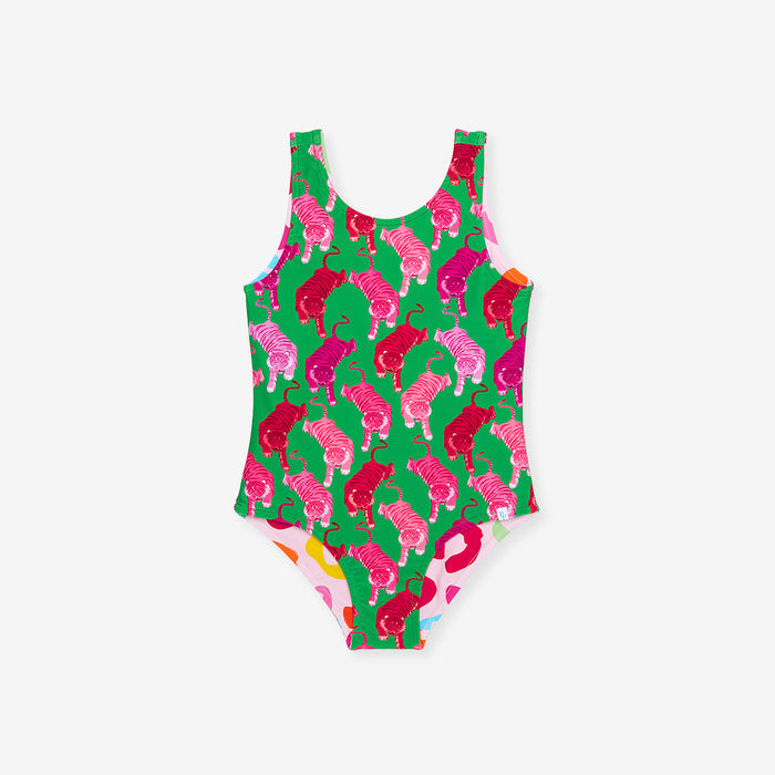 One-piece swimsuit with colorful animal pattern on a white background