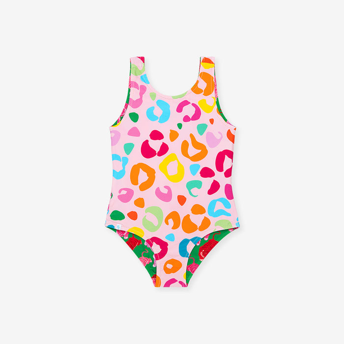 Colorful leopard print swimsuit on a white background