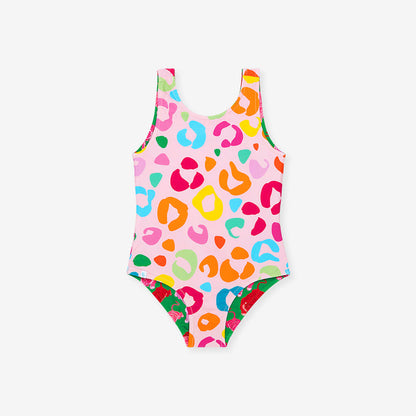 Colorful leopard print swimsuit on a white background