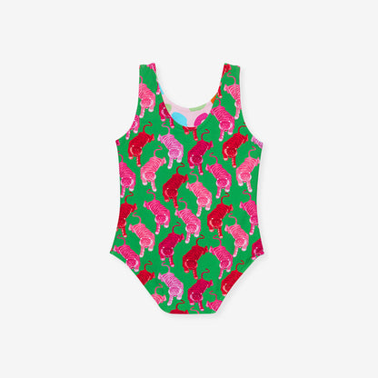 One-piece swimsuit with pink and red animal pattern on a green background