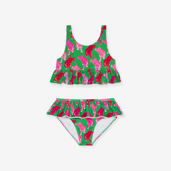 Two-piece swimsuit with pink and green tiger pattern on a white background