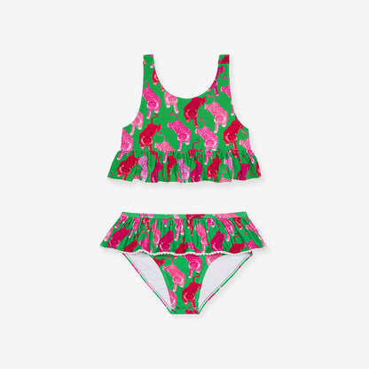 Two-piece swimsuit with pink and green tiger pattern on a white background