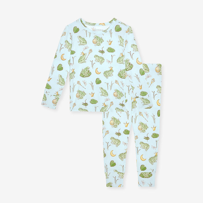 blue bamboo viscose pajama set with frog prince print on a white background.