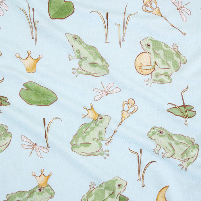 fabric swatch of blue bamboo viscose frog prince print