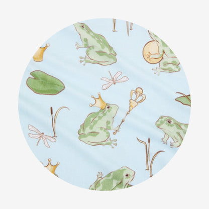 round fabric swatch of blue bamboo viscose with frog prince print