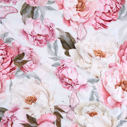 Pattern of pink and white flowers with green leaves on a light background