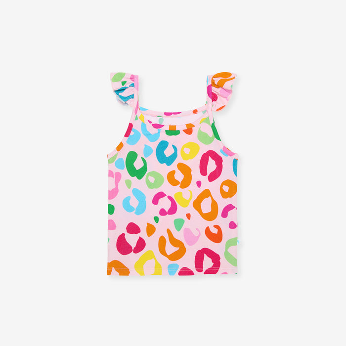 Colorful leopard print tank top on a white background
