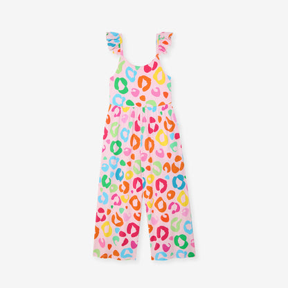Colorful leopard print jumpsuit on a white background