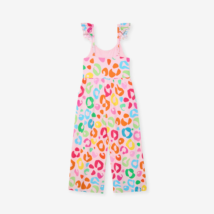 Colorful leopard print jumpsuit on a white background
