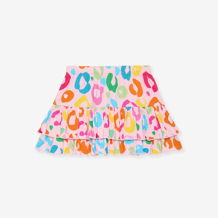 Colorful tiered skirt with multicolor pattern on a white background