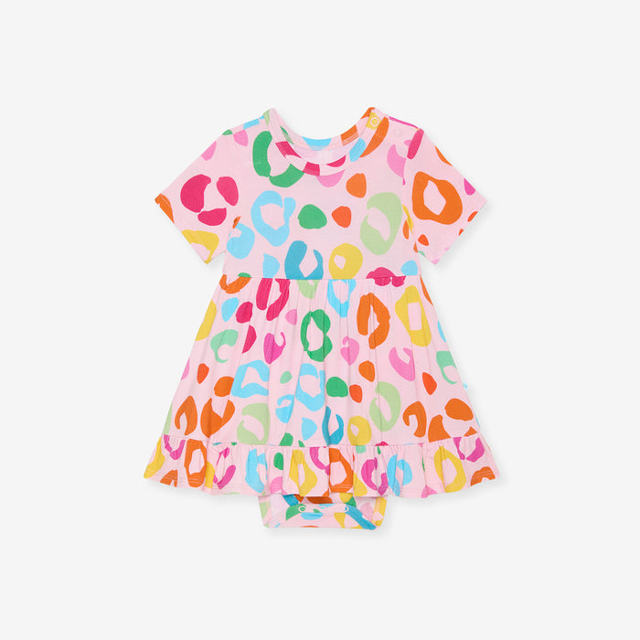 Colorful leopard print dress on a white background