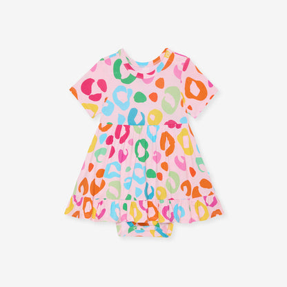 Colorful leopard print dress on a white background