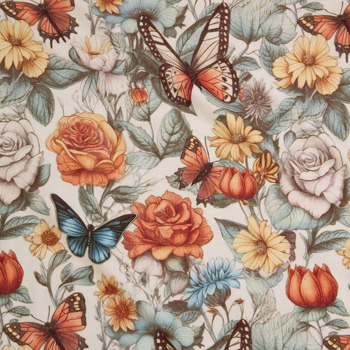 flowers and butterflies themed print fabric closeup