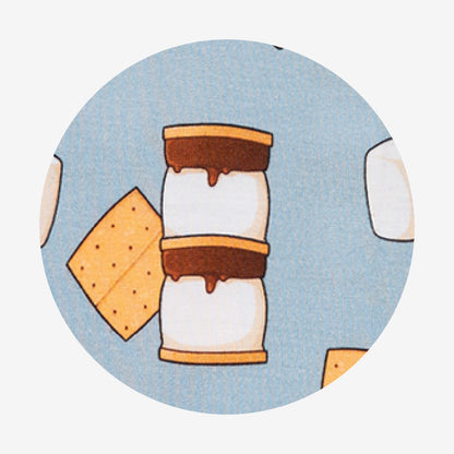 Illustration of a s'mores pattern on a fabric swatch with a blue background.