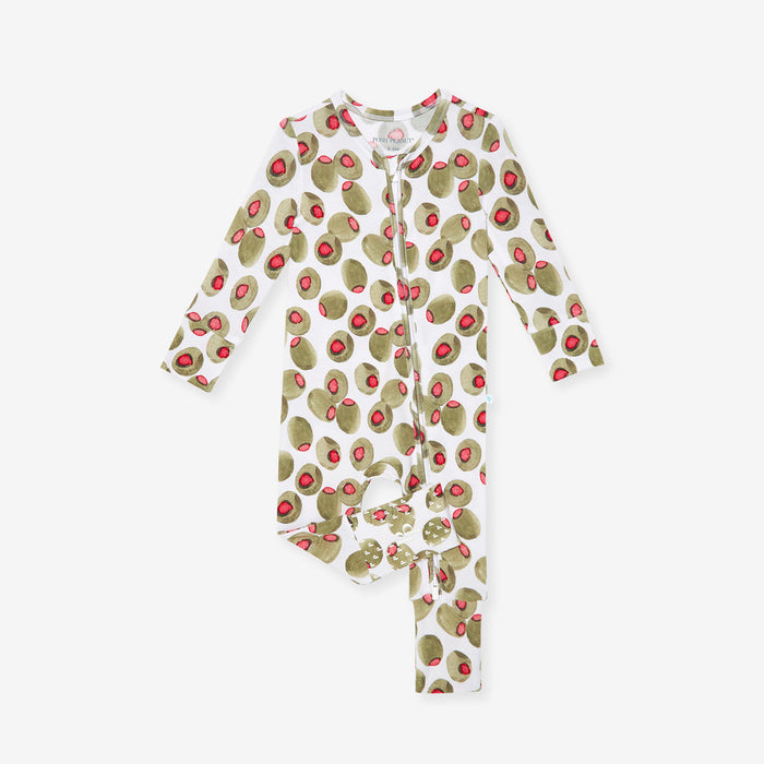 Front image of baby olive printed one piece