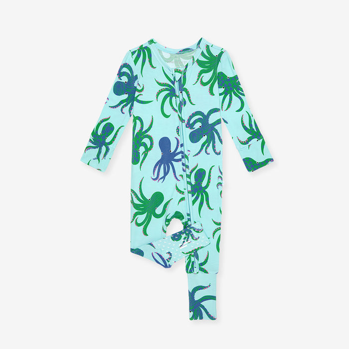 Children's swimsuit with octopus pattern on a light blue background